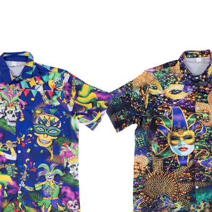 Mardi Gras button-up shirts with colorful masquerade and carnival designs, featuring vibrant prints and festive patterns for a stylish celebration.