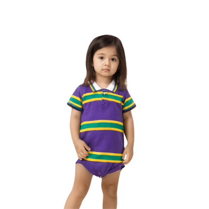 Infant Mardi Gras onesies and rugby polo rompers in purple, green, and gold.