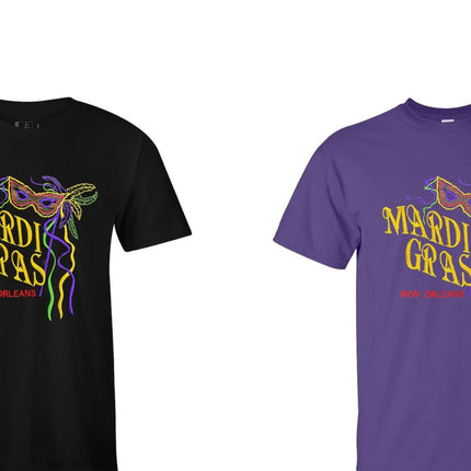 Two Mardi Gras embroidered shirts—one in black and one in purple—featuring a festive mask and ribbon design with 'Mardi Gras New Orleans' text. Perfect for parades and carnival celebrations.