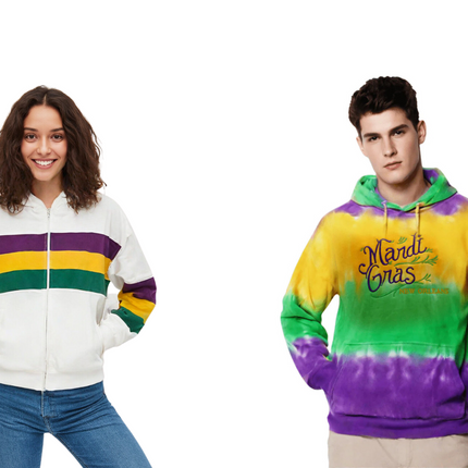 Mardi Gras Hoodies – White striped zip-up hoodie and tie-dye pullover hoodie in purple, green, and gold.