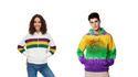 Mardi Gras Hoodies – White striped zip-up hoodie and tie-dye pullover hoodie in purple, green, and gold.
