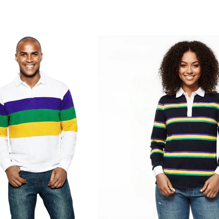 Mardi Gras striped rugby polos in purple, green, and gold for men and women, featuring classic festive styles.