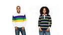 Mardi Gras striped rugby polos in purple, green, and gold for men and women, featuring classic festive styles.