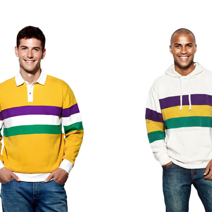 Two men wearing Mardi Gras-themed apparel—one in a yellow rugby polo and the other in a white hoodie with purple, green, and gold stripes. Perfect for festive celebrations and parades.