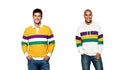 Two men wearing Mardi Gras-themed apparel—one in a yellow rugby polo and the other in a white hoodie with purple, green, and gold stripes. Perfect for festive celebrations and parades.