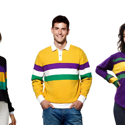 Mardi Gras Paneled Shirts – Striped long-sleeve rugby polos and color block tops in purple, green, and gold, perfect for festive celebrations.