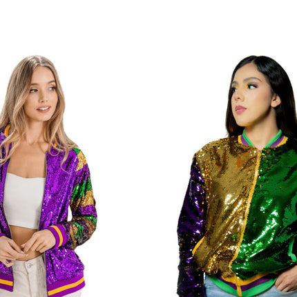 Mardi Gras Sequin Bomber Jackets in purple, green, and gold with dazzling sparkle.