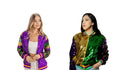 Mardi Gras Sequin Bomber Jackets in purple, green, and gold with dazzling sparkle.