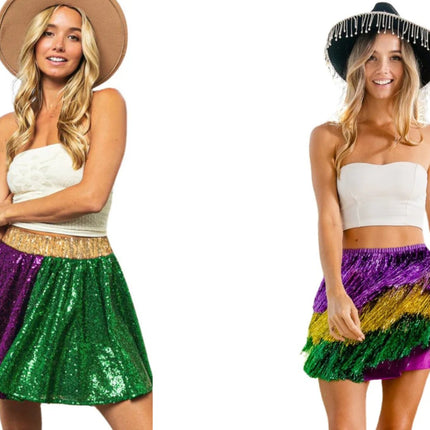 Two women wearing stylish Mardi Gras skirts, one in a sequin skater mini skirt and the other in a tiered tinsel fringe skirt, both in purple, gold, and green for a festive look.