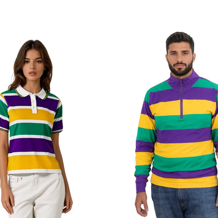 Man and woman wearing Mardi Gras unisex apparel—striped polo shirts and long-sleeve rugby tops in festive purple, green, and gold. Perfect for parade celebrations and carnival fun.