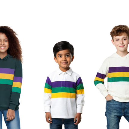 Kids wearing Mardi Gras striped hoodies, rugby polos, and tees in purple, green, and gold.