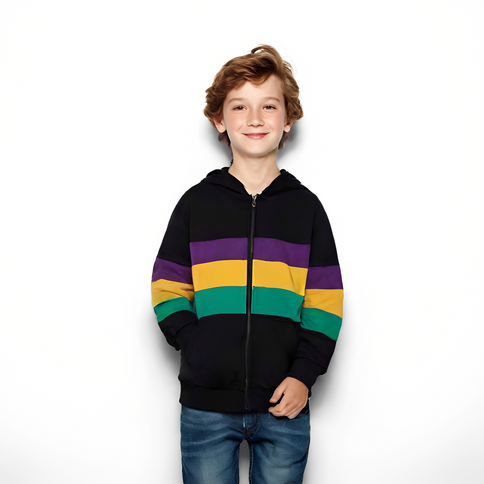 Kids Unisex Mardi Gras Striped Zipper Black Hoodie