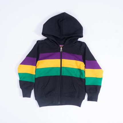 Kids Unisex Mardi Gras Striped Zipper Black Hoodie