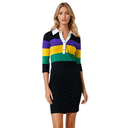 Adult Mardi Gras Ladies Dress Black Body with PGG Striped Chest & Arms