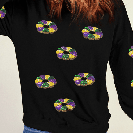 Adult Black Sequined Donuts of Mardi Gras Colors Drop Shoulder Sweatshirt - Mardi Gras Apparel - Adult, Ladies, Long Sleeve - Sweatshirt
