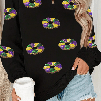 Adult Black Sequined Donuts of Mardi Gras Colors Drop Shoulder Sweatshirt - Mardi Gras Apparel - Adult, Ladies, Long Sleeve - Sweatshirt