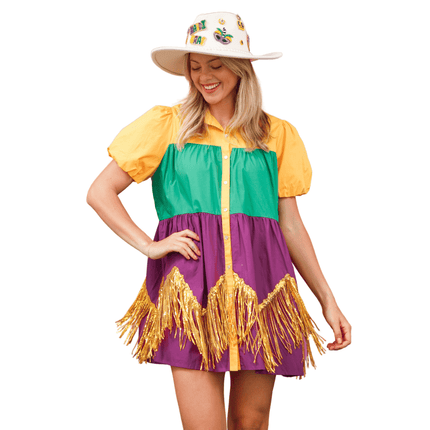 Adult Color Block Mardi Gras Dress With Foil Fringe - Mardi Gras Apparel - Adult, Dress, Ladies - Dress