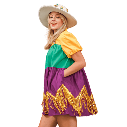 Adult Color Block Mardi Gras Dress With Foil Fringe - Mardi Gras Apparel - Adult, Dress, Ladies - Dress