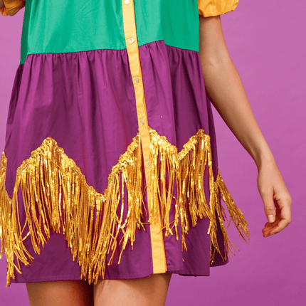 Adult Color Block Mardi Gras Dress With Foil Fringe - Mardi Gras Apparel - Adult, Dress, Ladies - Dress