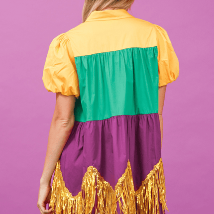 Adult Color Block Mardi Gras Dress With Foil Fringe - Mardi Gras Apparel - Adult, Dress, Ladies - Dress