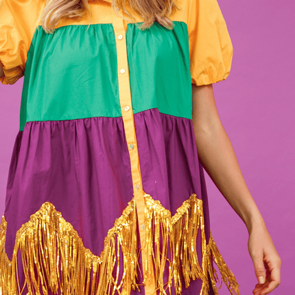 Adult Color Block Mardi Gras Dress With Foil Fringe - Mardi Gras Apparel - Adult, Dress, Ladies - Dress