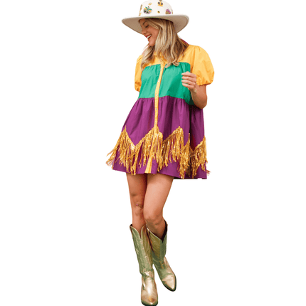 Adult Color Block Mardi Gras Dress With Foil Fringe - Mardi Gras Apparel - Adult, Dress, Ladies - Dress