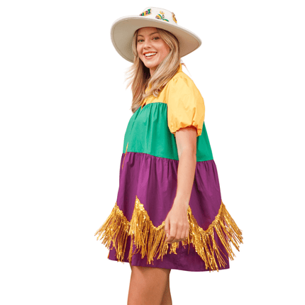 Adult Color Block Mardi Gras Dress With Foil Fringe - Mardi Gras Apparel - Adult, Dress, Ladies - Dress