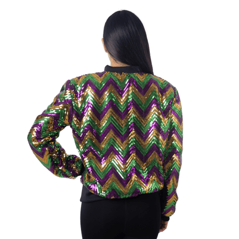 Adult Mardi Gras Chevron Sequin Bomber Jacket - Mardi Gras Apparel - Adult, Gold, Green - Sequin Jacket