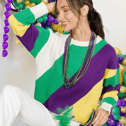 Adult Mardi Gras Color Block Long Sleeve Sweater - Mardi Gras Apparel - Adult, Ladies, Short Sleeve - Sweater