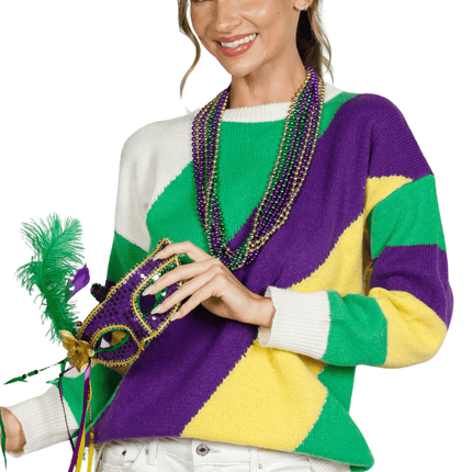 Adult Mardi Gras Color Block Long Sleeve Sweater - Mardi Gras Apparel - Adult, Ladies, Short Sleeve - Sweater