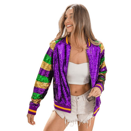 Adult Mardi Gras Color Block Sequin Bomber Jacket - Mardi Gras Apparel - Adult, Bibi, Bibi Top Chart - Sequin Jacket