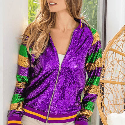 Adult Mardi Gras Color Block Sequin Bomber Jacket - Mardi Gras Apparel - Adult, Bibi, Bibi Top Chart - Sequin Jacket