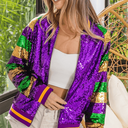 Adult Mardi Gras Color Block Sequin Bomber Jacket - Mardi Gras Apparel - Adult, Bibi, Bibi Top Chart - Sequin Jacket