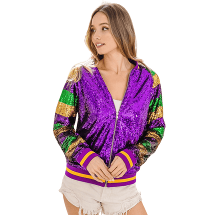 Adult Mardi Gras Color Block Sequin Bomber Jacket - Mardi Gras Apparel - Adult, Bibi, Bibi Top Chart - Sequin Jacket