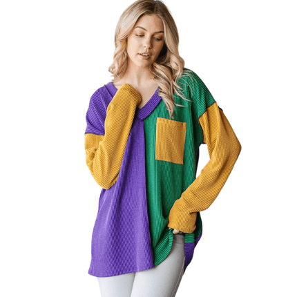 Adult Mardi Gras Long Sleeve Urban Rib Color Block Top - Mardi Gras Apparel - Adult, Ladies, sweatshirt - Sweatshirt