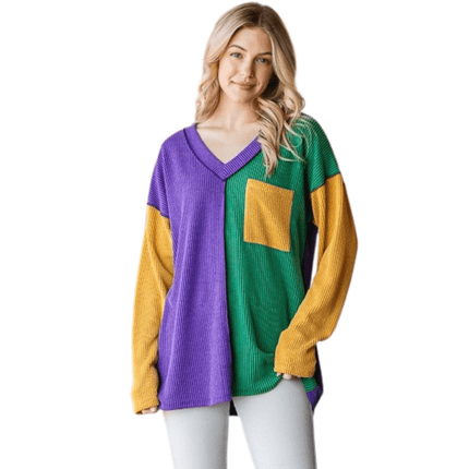 Adult Mardi Gras Long Sleeve Urban Rib Color Block Top - Mardi Gras Apparel - Adult, Ladies, sweatshirt - Sweatshirt