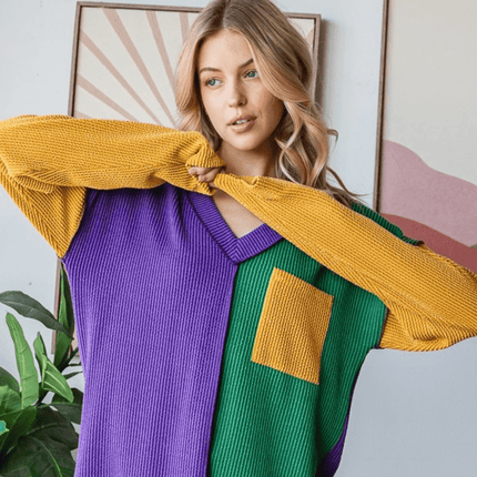 Adult Mardi Gras Long Sleeve Urban Rib Color Block Top - Mardi Gras Apparel - Adult, Ladies, sweatshirt - Sweatshirt