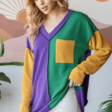 Adult Mardi Gras Long Sleeve Urban Rib Color Block Top - Mardi Gras Apparel - Adult, Ladies, sweatshirt - Sweatshirt