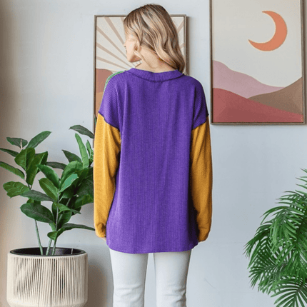 Adult Mardi Gras Long Sleeve Urban Rib Color Block Top - Mardi Gras Apparel - Adult, Ladies, sweatshirt - Sweatshirt