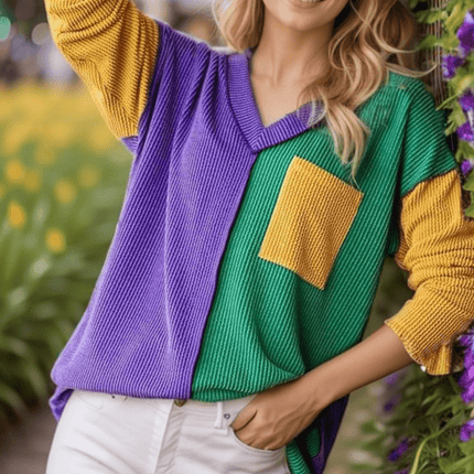 Adult Mardi Gras Long Sleeve Urban Rib Color Block Top - Mardi Gras Apparel - Adult, Ladies, sweatshirt - Sweatshirt
