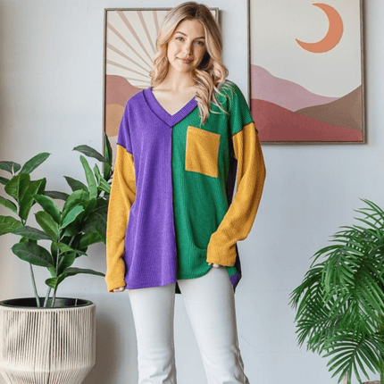Adult Mardi Gras Long Sleeve Urban Rib Color Block Top - Mardi Gras Apparel - Adult, Ladies, sweatshirt - Sweatshirt