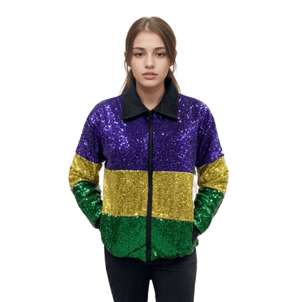 Adult Mardi Gras Sequin Color Block Jacket - Mardi Gras Apparel - Adult, Gold, Green - Sequin Jacket
