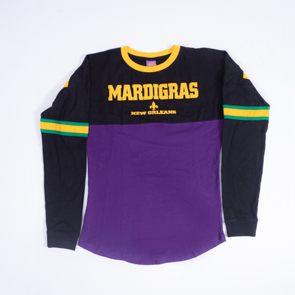 Adult Mardi Gras Unisex Long Sleeve Raglan Tee Purple & Black - Mardi Gras Apparel - Adult Unisex, Back Design, Crew Neck - Raglan Long Sleeve Tee