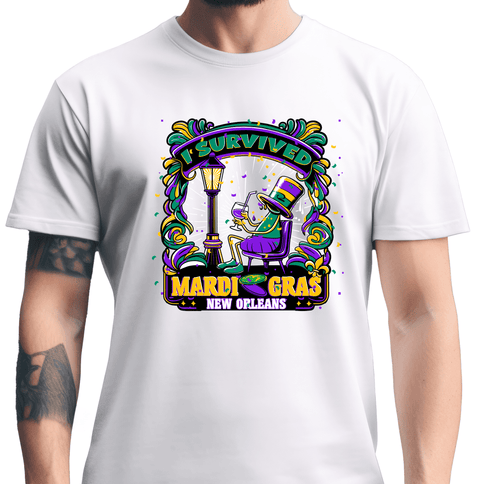 Adult Unisex I Survived Mardi Gras Drunk Guy T-shirt White - Mardi Gras Apparel - 3 for 10, Adult, Crew Neck - Tee - Shirt