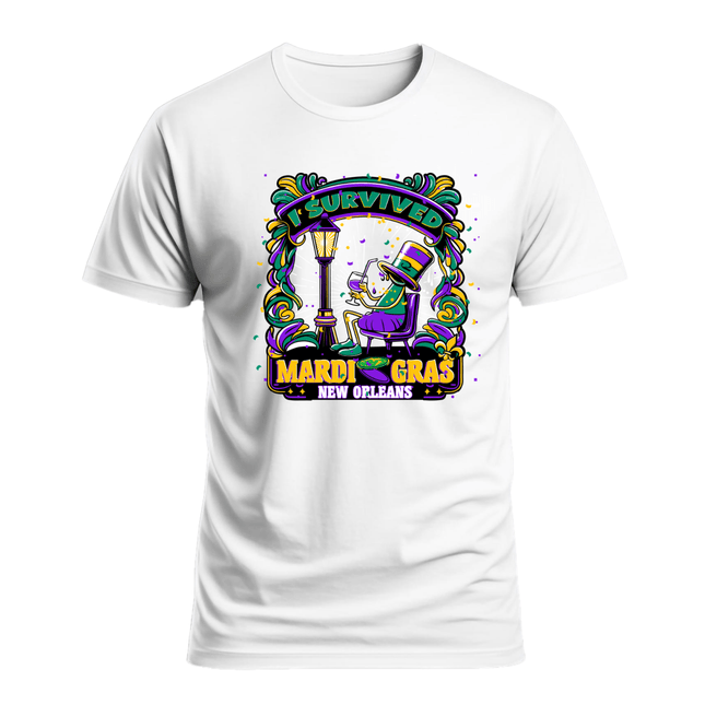 Adult Unisex I Survived Mardi Gras Drunk Guy T-shirt White - Mardi Gras Apparel - 3 for 10, Adult, Crew Neck - Tee - Shirt