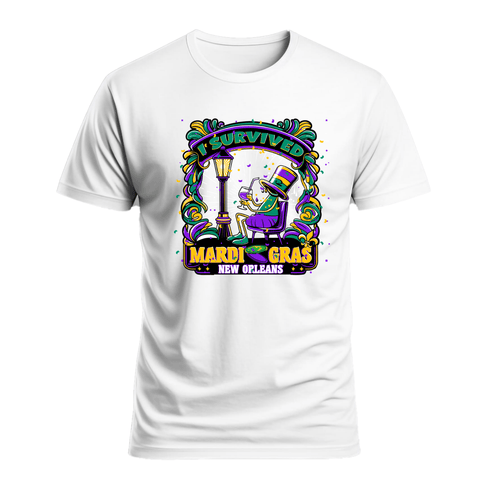 Adult Unisex I Survived Mardi Gras Drunk Guy T-shirt White - Mardi Gras Apparel - 3 for 10, Adult, Crew Neck - Tee - Shirt