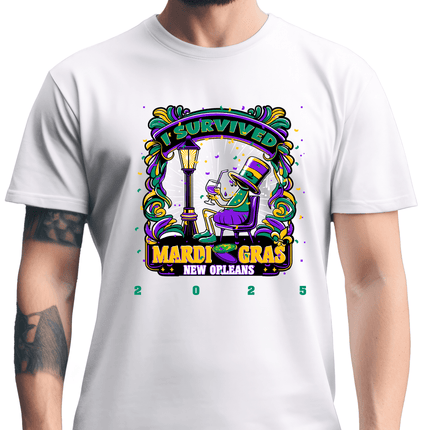 Adult Unisex I Survived Mardi Gras New Orleans 2025 White T-Shirt - Mardi Gras Apparel - 100% Cotton, Adult, G5000 Chart - Tee - Shirt
