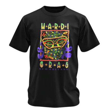 Adult Unisex Mardi Gras Confetti Mask Black Tee - Shirt - Mardi Gras Apparel - 100% Cotton, Adult, G5000 Chart - Tee - Shirt
