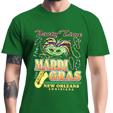 Adult Unisex Mardi Gras Party Time Tee - Shirt - Mardi Gras Apparel - Adult, Adult Unisex, Crew Neck - Tee - Shirt