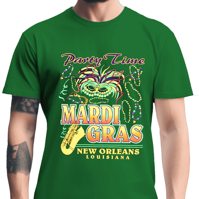 Adult Unisex Mardi Gras Party Time Tee - Shirt - Mardi Gras Apparel - Adult, Adult Unisex, Crew Neck - Tee - Shirt